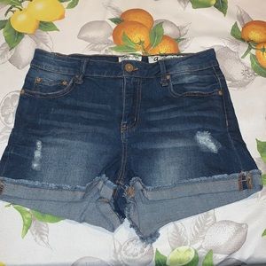 Indigo Rein Junior High Rise Distress Denim Shorts